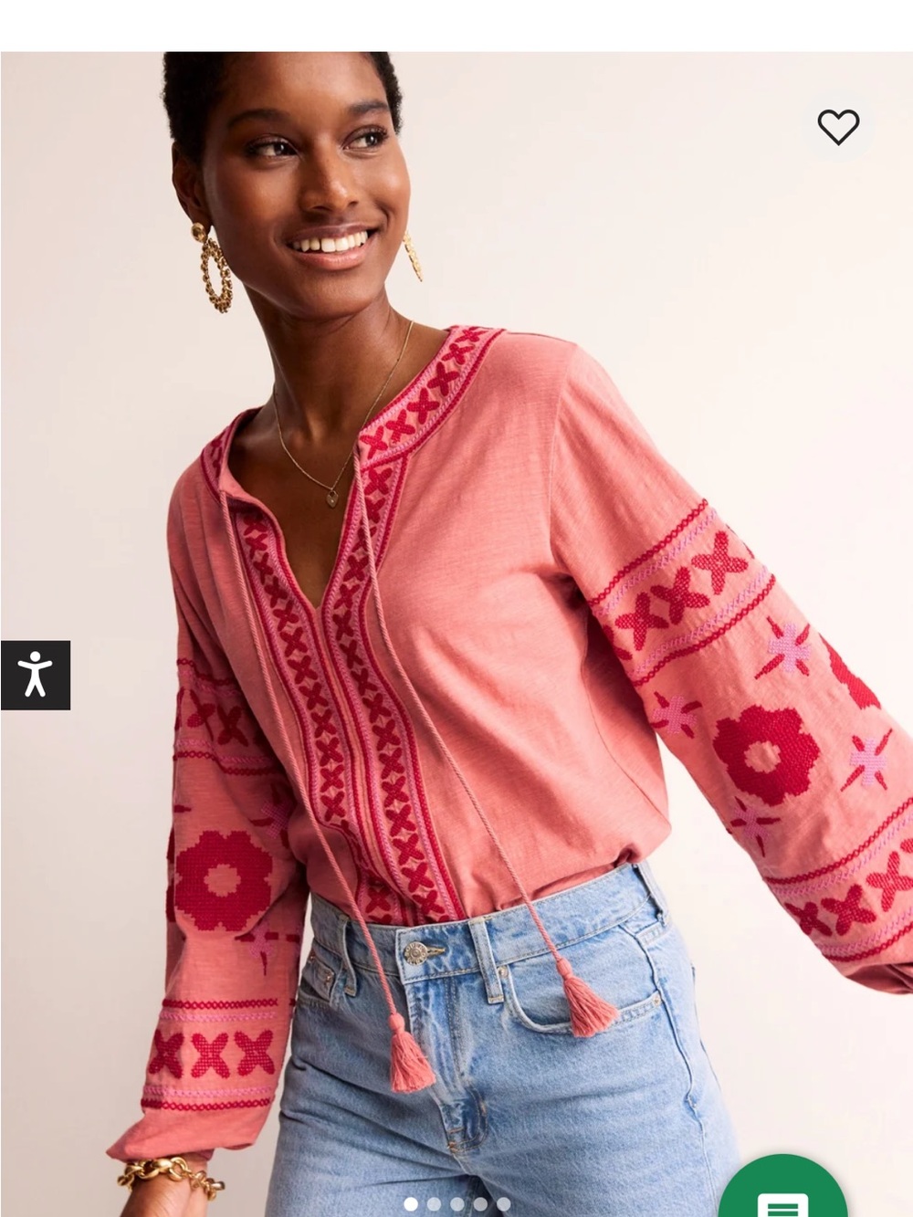Boden Diana Embroidered Tie Neck Top, Brick Dust